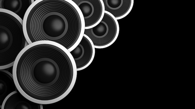 Multiple various size black sound speakers on black background copy space 3d illustration