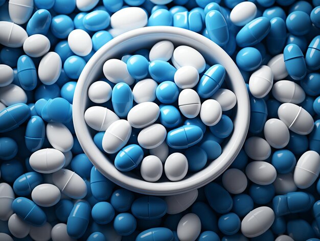 Multiple white and blue pills