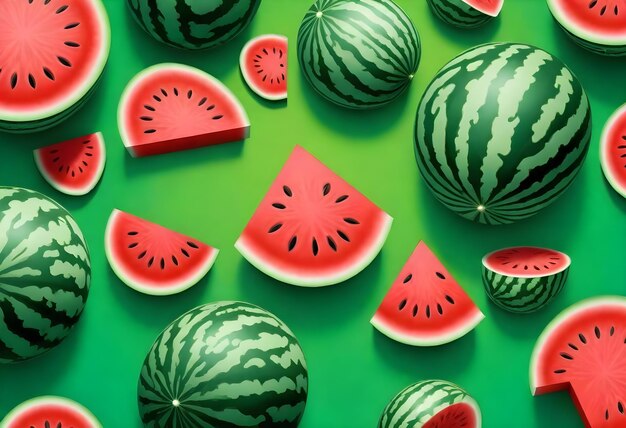 Multiple whole and sliced watermelons on a green background