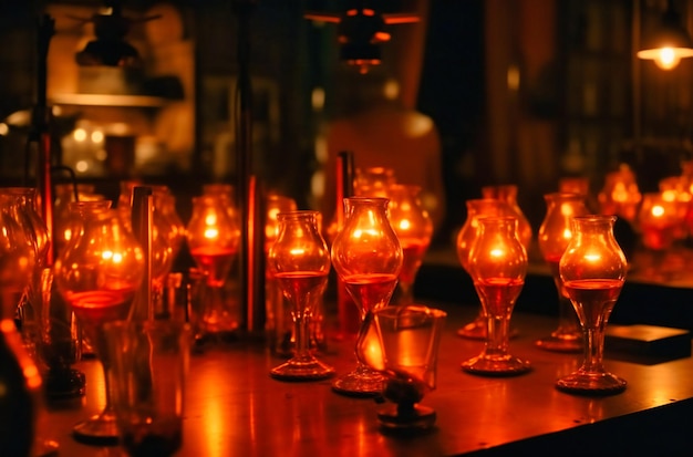 multiple wine glasses placed on a table with lighting bulb in front