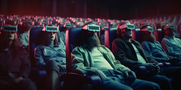 Multiplex auditorium in 3D-bril kijken naar film Vrijetijdsconcept Generatieve AI