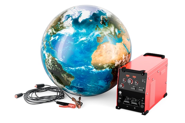 Multiprocess welder machine with Earth Globe 3D rendering
