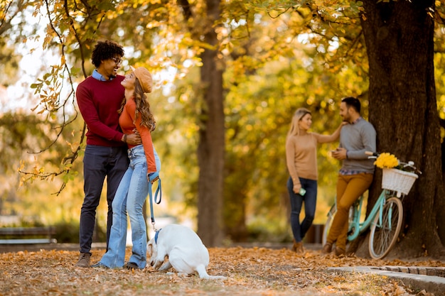 Multiraciaal paar dat met hond in de herfstpark loopt