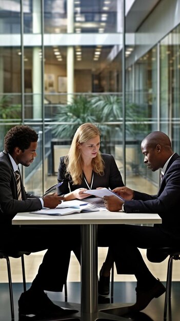 Photo multiracial business colleagues discussing at table in corridor