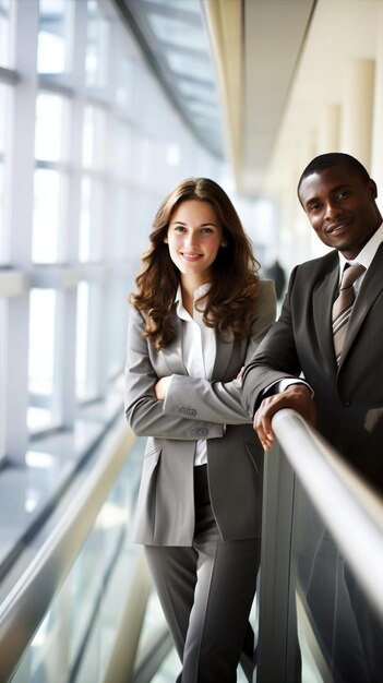 multiracial business colleagues leaning on railing in corridor