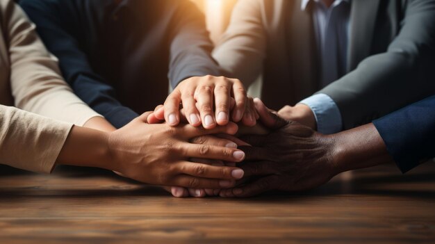 Multiracial business team joining hands together over wooden table