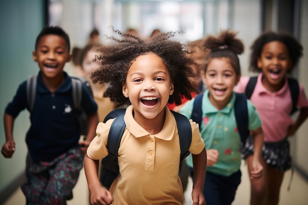 学校の廊下を走る多民族の子供たちが新学期の興奮を体現する