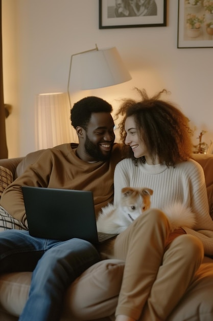 Multiracial couple enjoying quality time together using laptop on home sofa