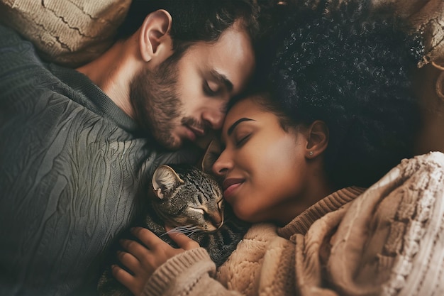 A multiracial couple sweetly sleeping in bed embracing with their cat nestled between them