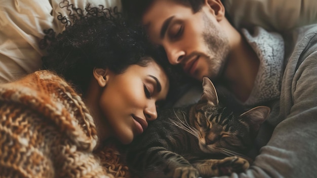 A multiracial couple sweetly sleeping in bed embracing with their cat nestled between them