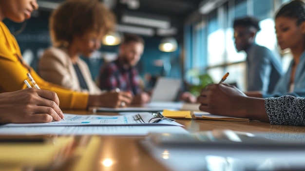 Photo the multiracial diverse group of people working with paperwork on a board room table at a business presentation