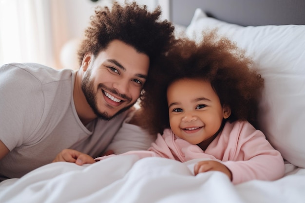 Multiracial diverse young family couple playing with cute baby child in bed holding infant kid girl Happy multiethnic parents having fun in the morning lifting small daughter in bedroom at home