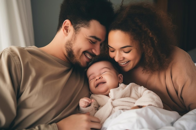 Multiracial diverse young family couple playing with cute baby child in bed holding infant kid girl Happy multiethnic parents having fun in the morning lifting small daughter in bedroom at home