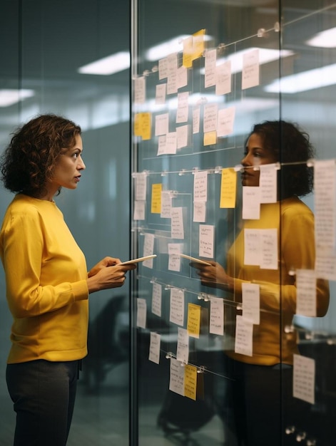 Foto colleghe femminili multirazziali che fanno brainstorming sul piano d'affari sulla parete di vetro nell'ufficio creativo.