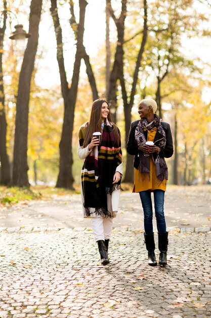 Multiracial female friends walking in teh autumn park