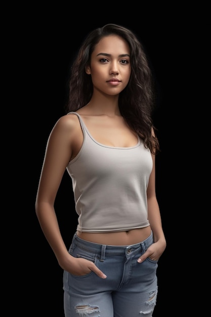 Photo multiracial female model in tank top and fitted jeans exuding confidence beauty and fitness full body shot aesthetic