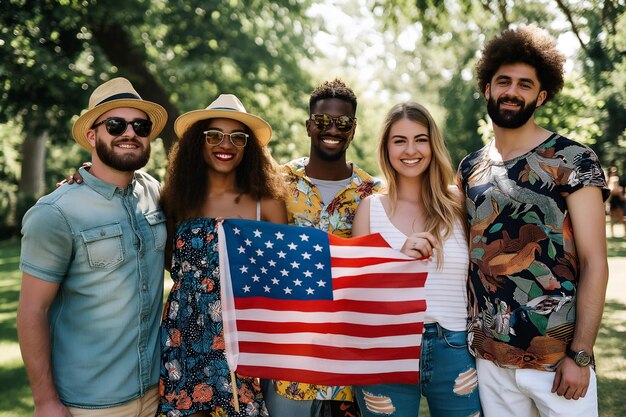 Фото Многорасовые друзья разных этнических групп с американским флагом празднуют 4 июля на улицах нью-йорка