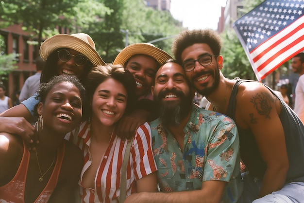 Foto amici multirazziali di diverse etnie con la bandiera americana celebrano il 4 luglio per le strade di new york