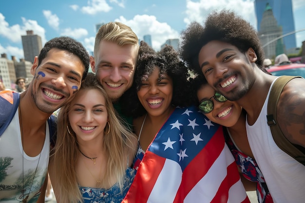 Multiracial friends different ethnicities with American Flag celebrate 4 july at New York streets