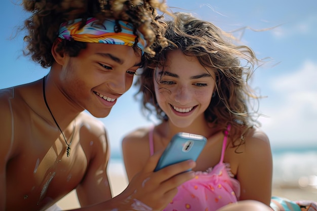 Многорасовые друзья смотрят на мобильный телефон на открытом воздухе на пляже Генеративный ИИ