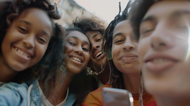 Multiracial friends taking selfie group picture with smart mobile phone outside on c Generative AI