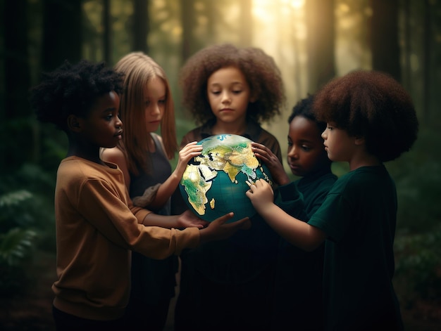 Multiracial group of children holding the world globe around their hands World environment day