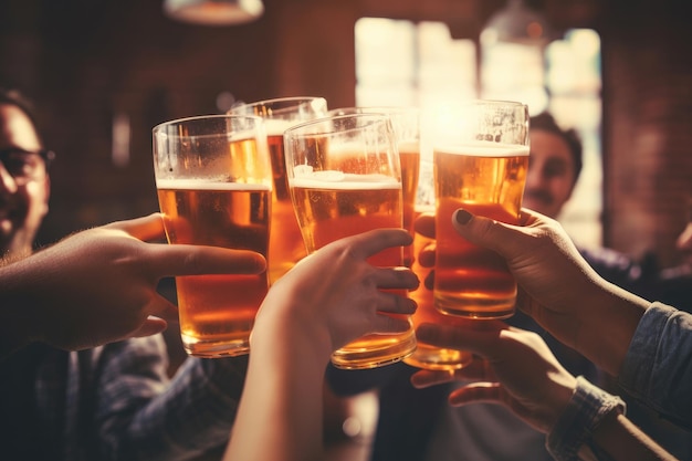 Multiracial group of friends enjoying a beer Young people hands toasting and cheering aperitif beers half pint Friendship and youth concept Warm vintage raw filter Focus on bottom hand