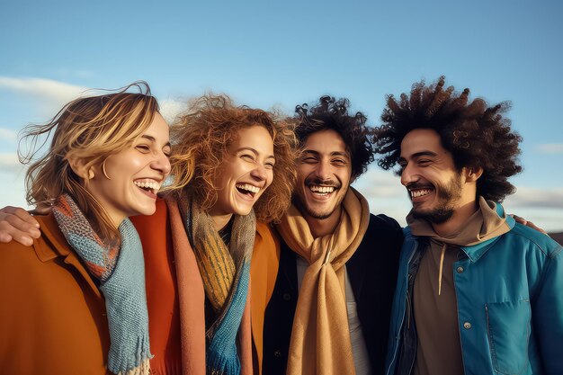 A multiracial group of friends take a selfie on a city street