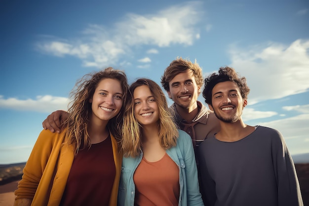 A multiracial group of friends take a selfie on a city street