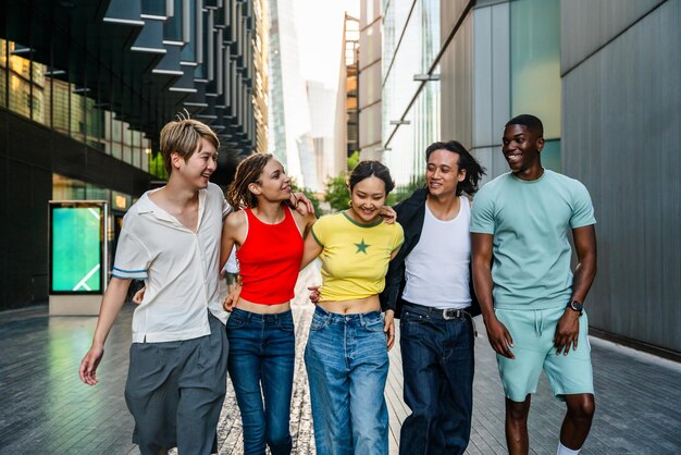 Foto gruppo multirazziale di giovani amici felici che si legano a londra studenti adolescenti multietnici che si incontrano e si divertono nell'area di tower bridge regno unito concetti su viaggi e turismo per lo stile di vita dei giovani