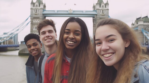 Photo multiracial group of happy young friends bonding in london city multiethnic teens students meeting and having fun in tower bridge area