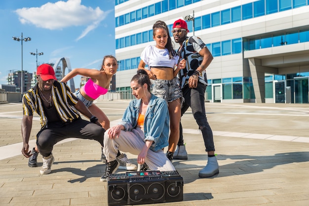 Multiracial group of hip hop crew dancing