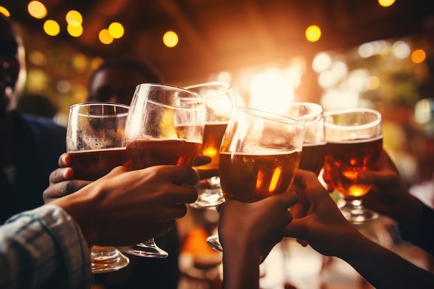 Фото Многорасовая группа друзей, наслаждающихся пивом молодые люди поднимают тосты и приветствуют аперитив пива полпинты дружба и молодежная концепция теплый винтажный сырой фильтр сосредоточьтесь на нижней руке