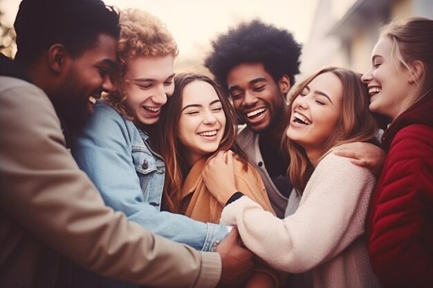 Foto gruppo multirazziale di persone che abbracciano l'aria aperta riunione felice ia generativa