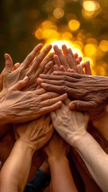 Multiracial group of people joining hands together in unity and solidarity