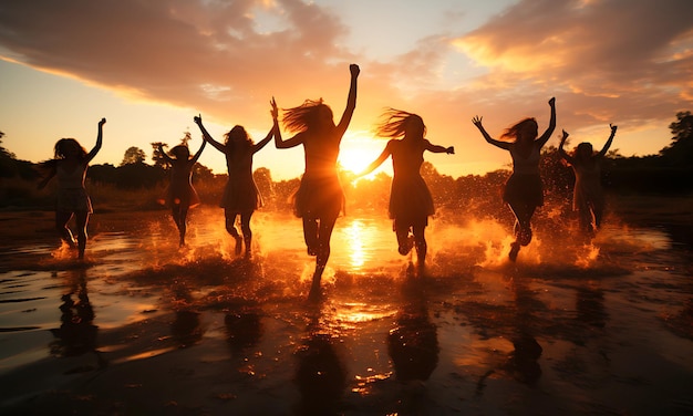 Многорасовая группа людей с поднятыми руками, смотрящих на закат Подсветка выстрела Счастье успеха