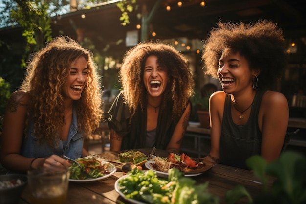 Multiracial happy young people laughing enjoying meal having fun sitting together