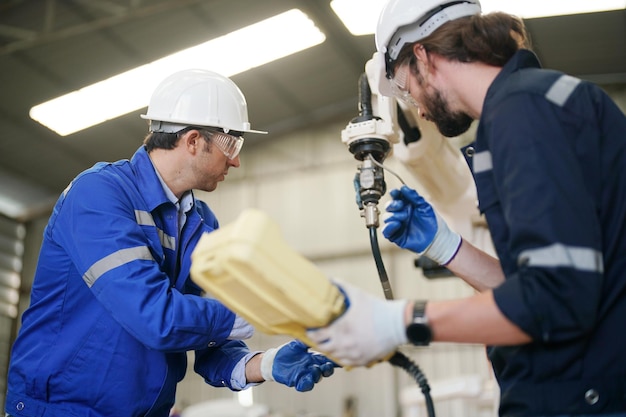 Foto ingegneri industriali multirazziali che lavorano in una fabbrica automatizzata di produzione robotica ai nuovo concetto di tecnologia industriale