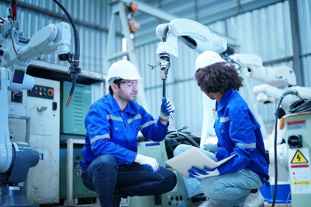 Photo multiracial industrial engineers working at automated ai robotic production factory new industrial technology concept