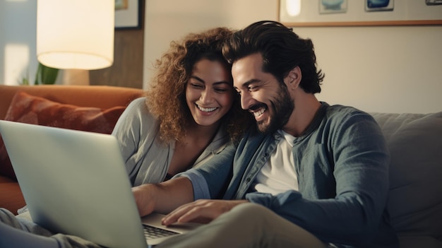 Multiracial jong koppel kijken computer laptop op de bank thuis Technologie lifestyle concept