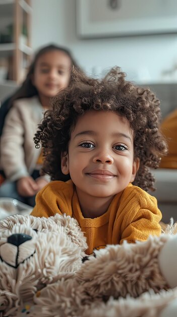 Multiracial little boy with teddy bear indoors at home Generative AI