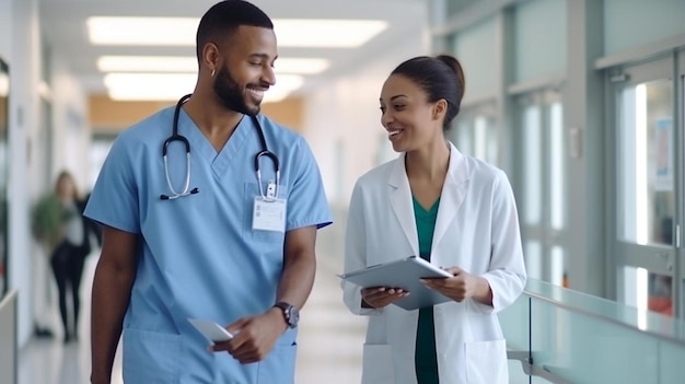多人種の男性と女性の医療従事者が病院の廊下で歩きながら議論している