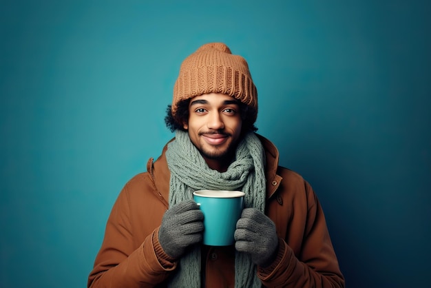 写真 冬の服を着た多人種の男性がコーヒーカップを握り,青い背景に隔離されています.