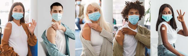 Multiracial men and women in face masks got vaccinated