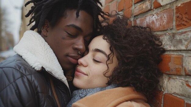 Photo multiracial pair embracing against a brick facade