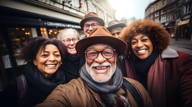 Photo multiracial senior friends having fun together during winter time older people take selfie picture