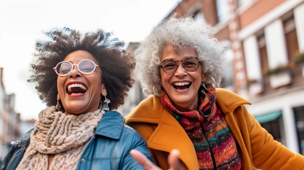 Multiracial Senior Women Enjoying Outdoors on a City Street Generative AI