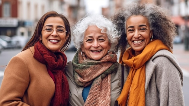 도시 거리에서 야외 활동을 즐기는 다인종 노인 여성 Generative AI