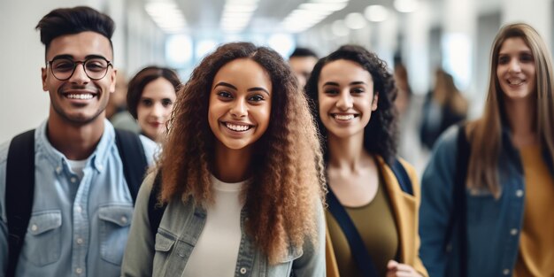 Multiracial students are walking in university hall during break and communicating