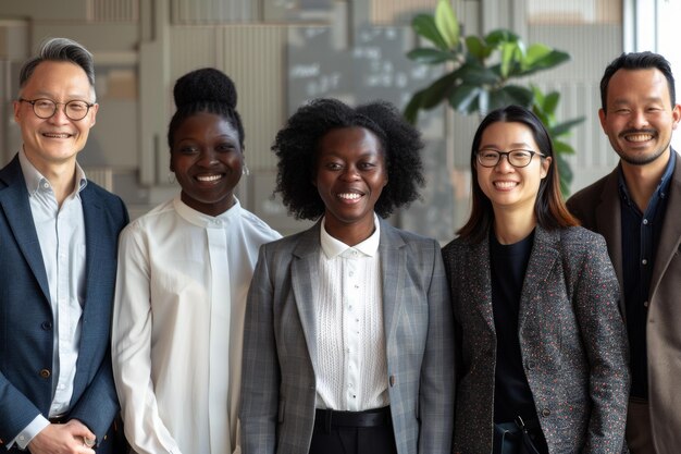 A multiracial team of businesspeople smiles at the camera in a modern office